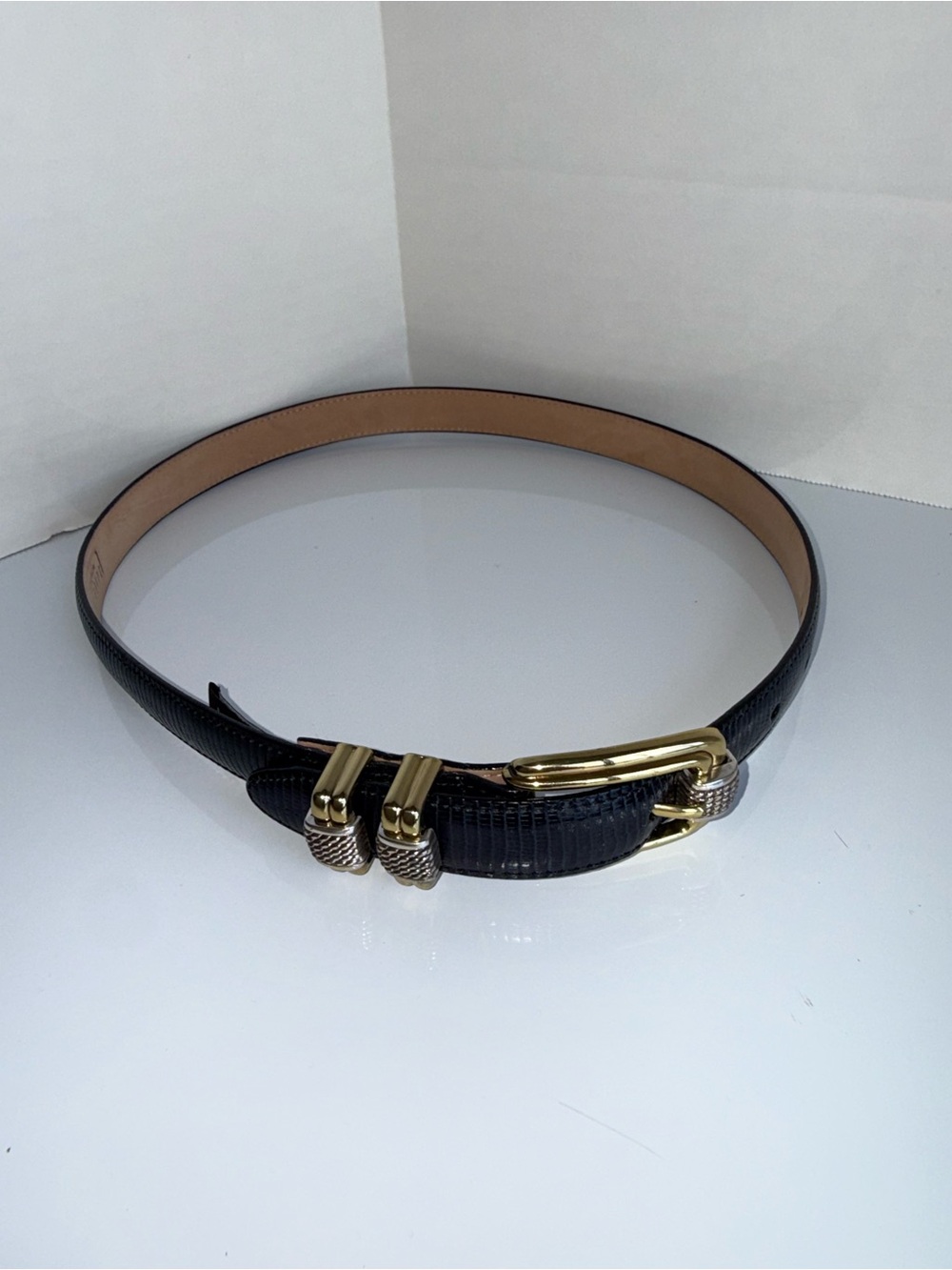 BRIGHTON Handcrafted Buckle Mixed Metal Vintage Black Leather Belt 28 in